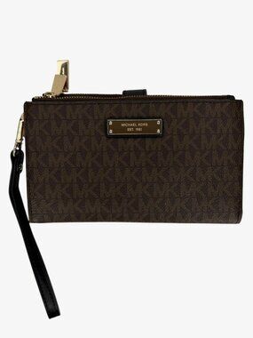 MICHAEL KORS Jet Set Double Zip Smartphone Wristlet Logo Print Wallet - Brown